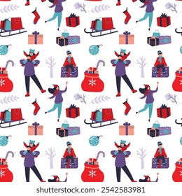 Seamless pattern  with happy family, christmas celebration. New year, winter holidays, wallpaper template. Boxing day, various gifts and presents, texture background. flat vector illustration