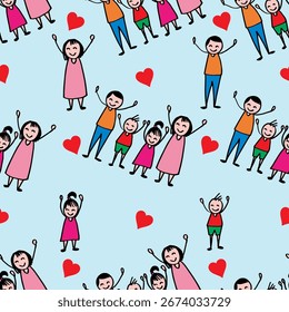 Padrão contínuo com família feliz no fundo rosa. Ilustração vetorial.