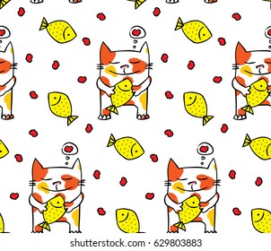 Patrón sin inconvenientes de un gato alegre y gordo que sostiene pastel de pescado, con corazones y fondo de pescado. Concepto de diseño para niños - papel textil, papel pintado, papel envolvente. Vector.