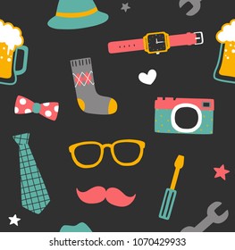 Seamless pattern of happy father's day with cute cartoon icons and design elements collection. Flat design. Colored vector illustration.