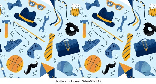 Seamless pattern for Happy Father's Day. Grunge textured hat, ball, mustache, bow tie, gamepad, kite, items, shoes, briefcase. For background, textile, wallpaper, wrapper.