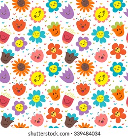 Seamless pattern with happy flowers. Cute floral background. Vector illustration