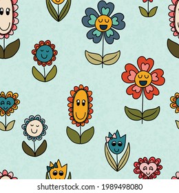 Patrón sin foco de flores felices en un jardín