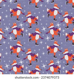 Seamless pattern of a happy fox in mittens and a scarf skating on the ice. Vector cartoon illustration, winter purple background for packaging, wallpaper