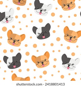 Seamless pattern with a happy french bulldog. French bulldog puppy vector pattern. 