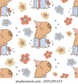 Seamless Pattern Happy funny Capybara in birthday cap in festive gift box on white Background with flowers. Vector illustration. Cute holiday template. Kids collection