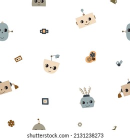 Seamless pattern of happy funny cartoon baby robots. Cute smiling baby cyborg faces in flat vector illustration isolated on white background.