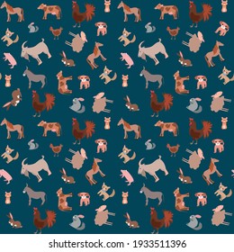 Seamless pattern of happy funny pets or farm pets in flat style. Vector illustration isolated on a green background.