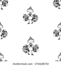 Seamless pattern of happy funny woman with purchases