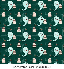 seamless pattern happy ghost carries guests a delicious cake on a green background