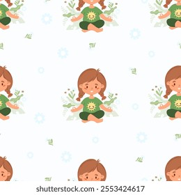 Seamless pattern with happy girl child with braids hairstyle meditating on white background. Mental health, hobby, wellness, beneficial effects of environment. Vector illustration. Kids collection.