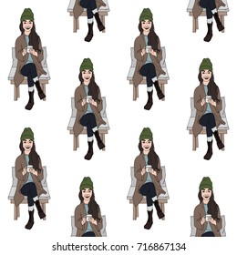 Seamless pattern, happy girl drinks hot tea, coffee
