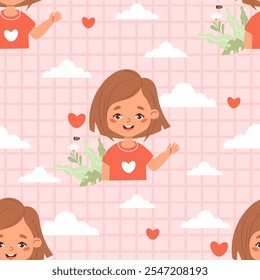 Seamless pattern with happy girl with heart on soft pink checkered background with clouds. Cute romantic female character. Vector illustration in flat style