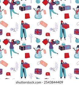 Seamless pattern with happy girls after shopping, christmas celebration. Xmas sale and discount. New year, winter holidays, wallpaper template. Various gifts and presents, texture background. vector