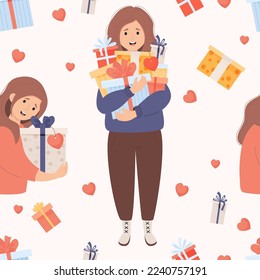 Seamless pattern with happy girls with gifts on white background with hearts and boxes. Vector illustration in flat cartoon style for holiday design, packaging, wallpapers, textiles and valentines