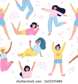 Seamless pattern with happy girls in pajamas. HAnd drawn vector illustration. Cute pattern for wrapping, textile, sleepover party concept.