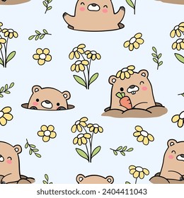 Seamless pattern happy groundhog day with flower Spring Fabric textiles Nursery Clothing kids Doodle cartoon style