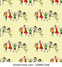 seamless pattern. Happy group of students on a yellow background.Vector illustration