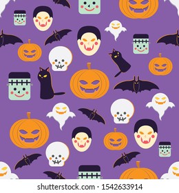 Seamless pattern of Happy Halloween background with pumpkins, bat, dracula, frankenstein and skeleton