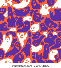 Seamless pattern happy halloween background. Seamless pattern with cartoon characters. Cartoon spooky ghost character. Cute white ghosts and bats on the orange background. Pattern with cute ghosts.