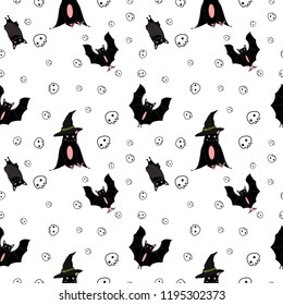 Seamless pattern. Happy Halloween. Bat and skull. Transparent background. Vector hand drawn