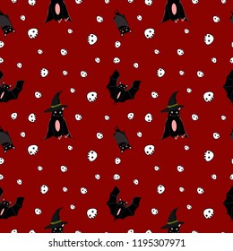 Seamless pattern. Happy Halloween. Bat and skull. Red background. Vector hand drawn