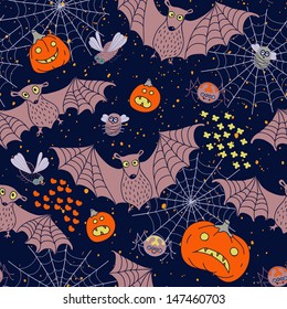 Seamless pattern for a Happy Halloween with bats, spiders, pumpkins. Vector Illustration.