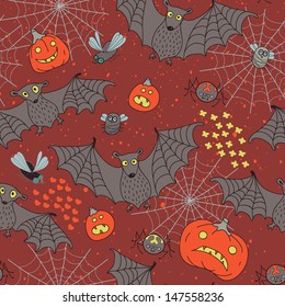 Seamless pattern for a Happy Halloween with bats, spiders, pumpkins. Vector Illustration.