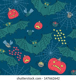 Seamless pattern for a Happy Halloween with bats, spiders, pumpkins. Vector Illustration.