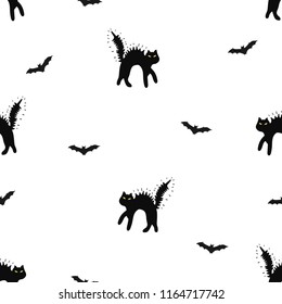 Seamless pattern Happy halloween black cat and bat doodles hand drawn on white Background.printing wallpaper.vector illustration
