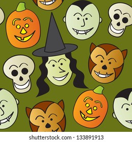 A seamless pattern of happy Halloween characters.