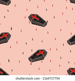 Seamless pattern Happy halloween Coffin doodles hand drawn Background.printing wallpaper.vector illustration