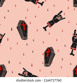 Seamless pattern Happy halloween Coffin and zombie hand doodles hand drawn Background.printing wallpaper.vector illustration