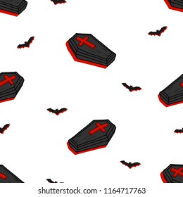 Seamless pattern Happy halloween Coffin and bat doodles hand drawn Background.printing wallpaper.vector illustration