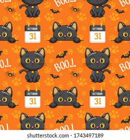 Seamless Pattern Happy Halloween Cute Black Cat Cartoon Illustration