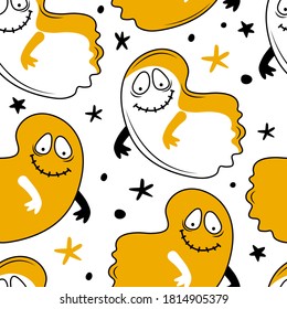 Seamless pattern happy Halloween. Cute Ghost flying at night. Creepy monster. Ghost shadow funny. Cartoon spooky character. Design for fabrics, textiles, packaging. Hand drawn vector background