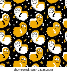 Seamless pattern happy Halloween. Cute Ghost flying at night. Creepy monster. Ghost shadow funny. Cartoon spooky character. Design for fabrics, textiles, packaging. Hand drawn vector background