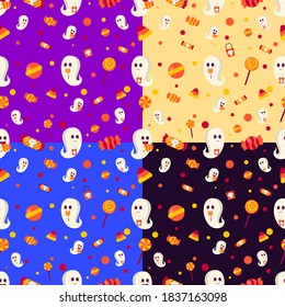 Seamless Pattern Happy Halloween with Cute Ghost's, Candy on a purple, blue background