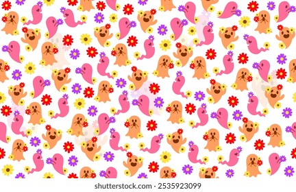 Seamless pattern Happy Halloween day. Collection of cute ghost characters. Cheerful kind scary ghosts. Big collection of flying ghosts. Hand drawn spooky.