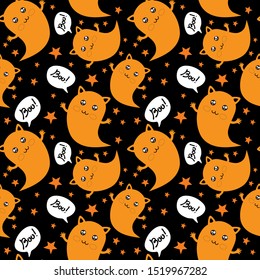 Seamless pattern happy Halloween decoration in vector. Cute doodles for Halloween Party with a cute Ghost cat flying among the stars and the moon in the sky. Ghost says boo. Hand drawn illustration.