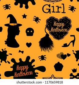 Seamless pattern Happy Halloween design. Vector illustration isolated on a orange background.