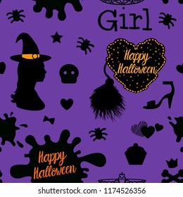 Seamless pattern Happy Halloween design. Vector illustration isolated on a purple background.