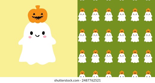 Seamless pattern Happy Halloween. Ghost seamless repeating pattern,  Cute spooky season for fabric and wallpaper, Printable digital paper background