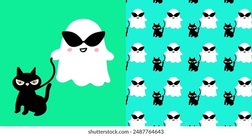 Seamless pattern Happy Halloween. Ghost seamless repeating pattern,  Cute spooky season for fabric and wallpaper, Printable digital paper background