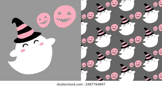 Seamless pattern Happy Halloween. Ghost seamless repeating pattern,  Cute spooky season for fabric and wallpaper, Printable digital paper background