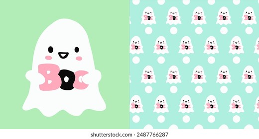 Seamless pattern Happy Halloween. Ghost seamless repeating pattern,  Cute spooky season for fabric and wallpaper, Printable digital paper background