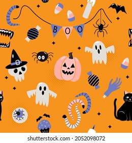 seamless pattern happy halloween with holiday symbols jack lamp, skull, black cat, worms, bat, candle, cupcake, ghost boo. vector illustration isolated on orange