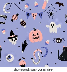 seamless pattern happy halloween with holiday symbols jack lamp, skull, black cat, worms, bat, candle, cupcake, ghost boo. vector illustration isolated on orange