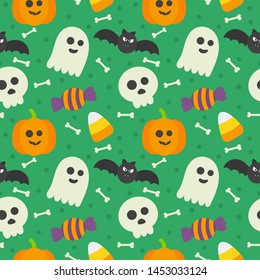 seamless pattern happy halloween icons isolated on green background. vector Illustration.
