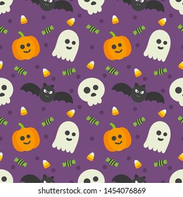 seamless pattern happy halloween icons isolated on purple background. vector Illustration.